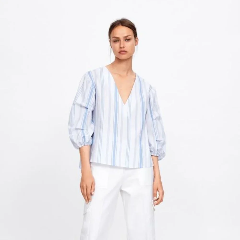 NWT Zara Size M Striped Zara Puff Sleeve Woven Blouse Top